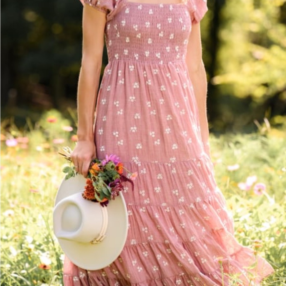 Mauve Floral Pink Smocked Madision Maxi Dress light breeze